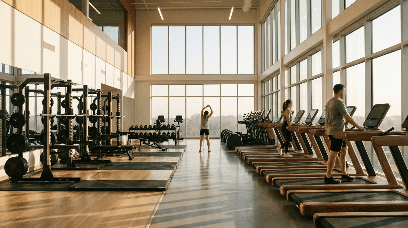 Members training on a health club floor in the early morning