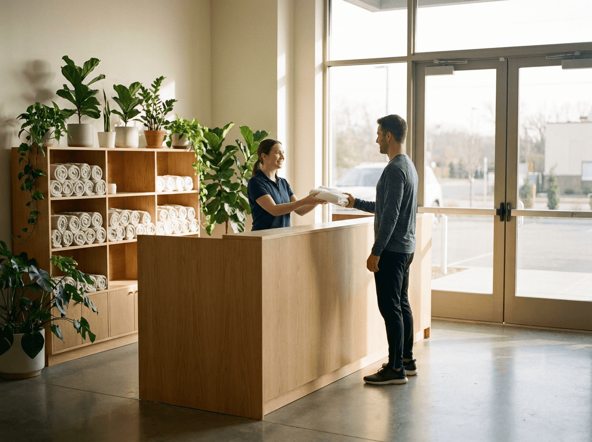Health club reception desk at opening time